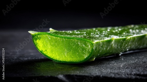 Close-up of fresh green aloe vera leaf with gel and water droplets on dark background.