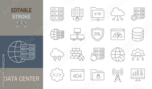data center icon set. Editable line icons. Vector illustration.