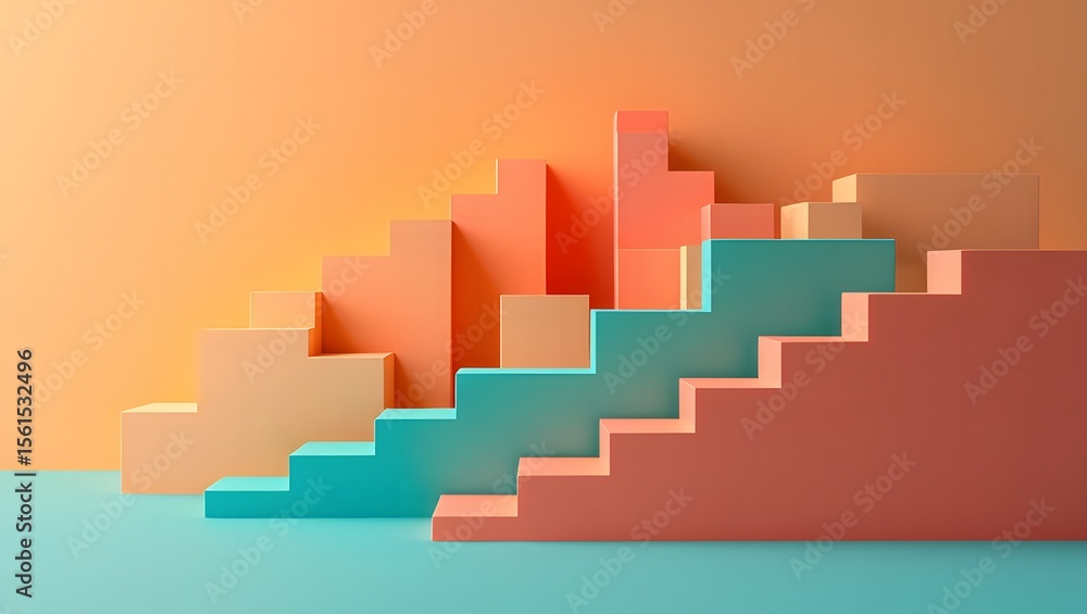 Fototapeta premium Abstract Pastel Orange and Teal Geometric Steps Minimalist Product Display Background