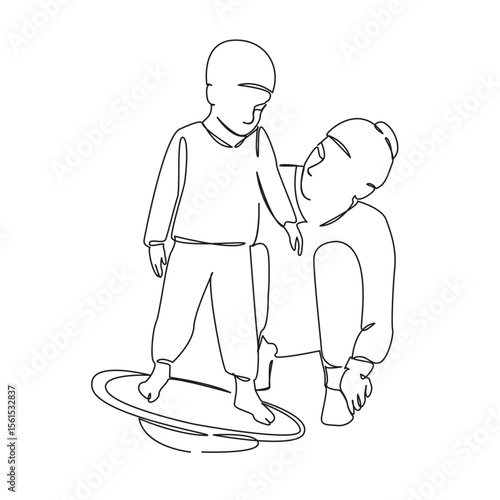 One continuous single drawing line art flat doodle child, fun, learning, sports, physiotherapy, equilibrium. Isolated image hand draw contour on a white background, hand drawn, not AI