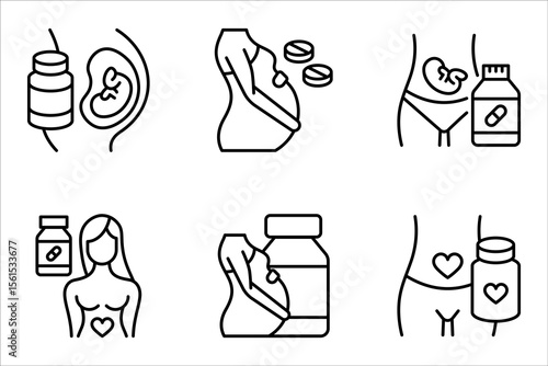 Supplements for pregnant women icon set. Pregnancy complementary medicines. vector illustration on white background