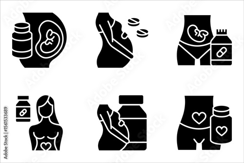 Supplements for pregnant women icon set. Pregnancy complementary medicines. vector illustration on white background