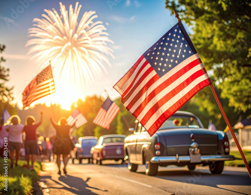 A vintage 1950s American 4th of July street celebration, people waving flags, classic cars, red-white-blue decorations, fireworks in the sky, nostalgic warm tone