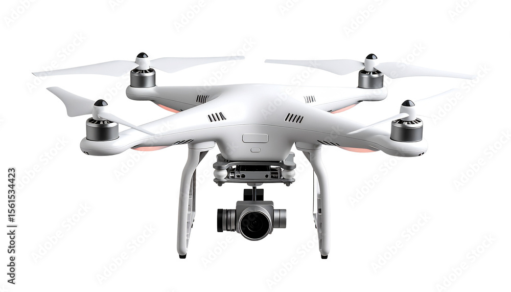 Fototapeta premium Futuristic drone with four rotors and embedded camera, hovering, isolated on transparent background, minimal shadows isolated on solid white background