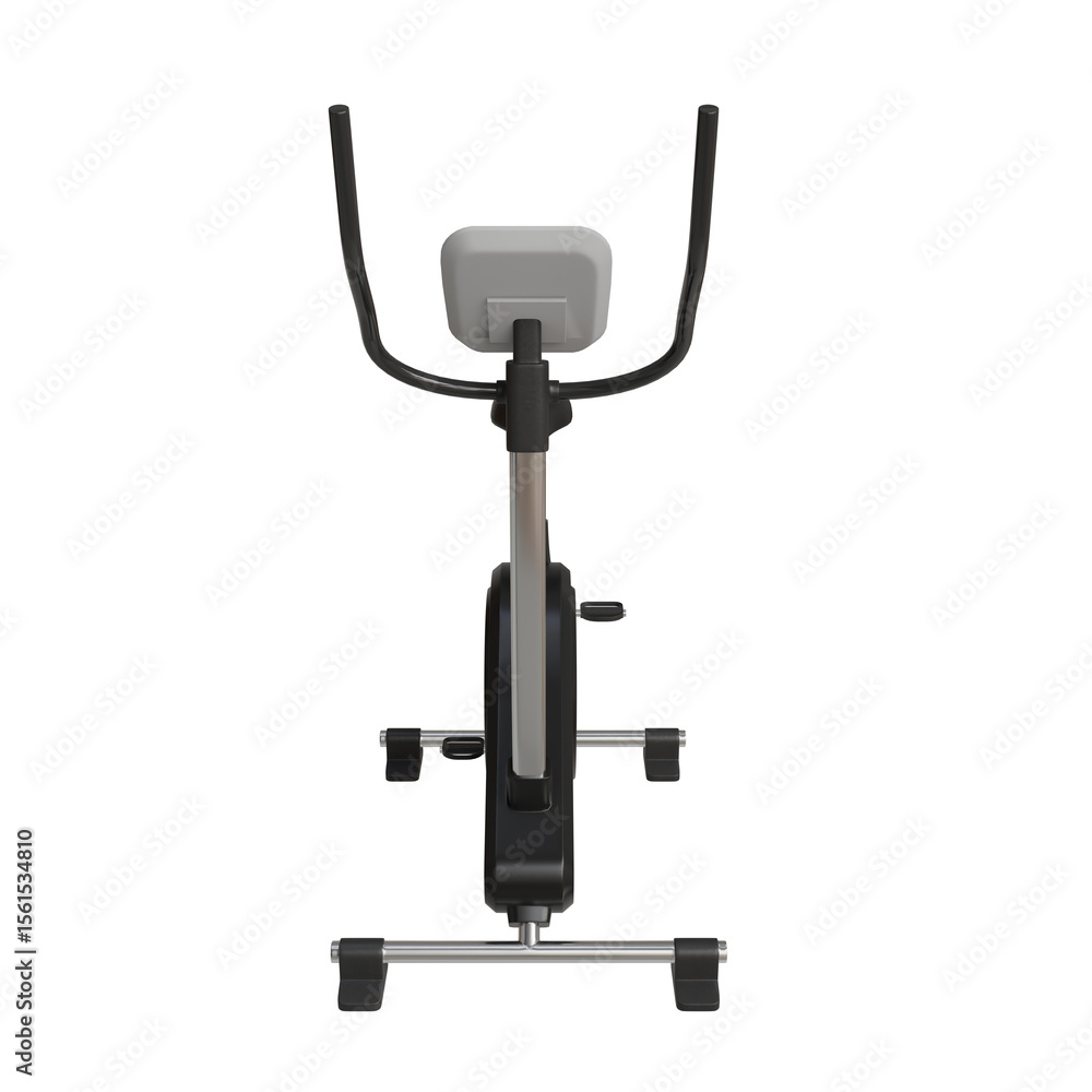 Fototapeta premium a stationary upright exercise bike, showcasing its gray and black frame, handlebars, seat, pedals, and stable base with small transport wheels. The design is sleek and compact
