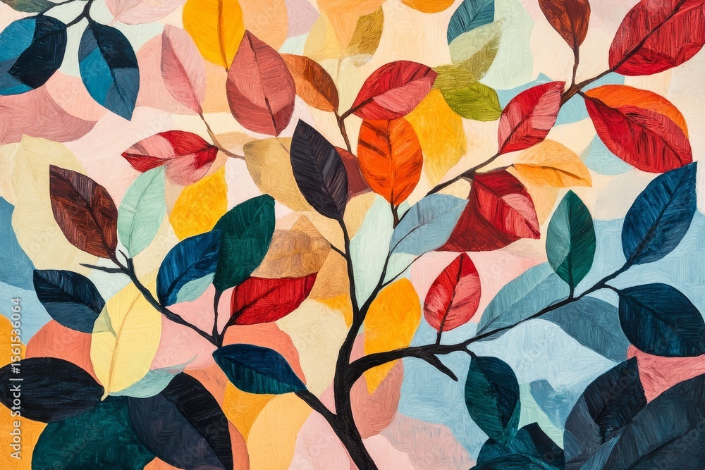 Fototapeta premium Colorful abstract leaves on branches, painted design, background of blurred soft colors. Possible use print, wallpaper