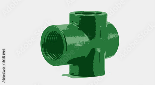 Green cross pipe fitting with internal threading on a white background.