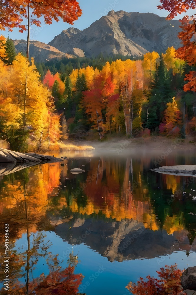 Obraz premium Autumn Mountain Reflections in Vibrant Gold and Red Tones