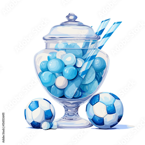 Glass jar filled with blue balls and striped straws beside soccer balls  