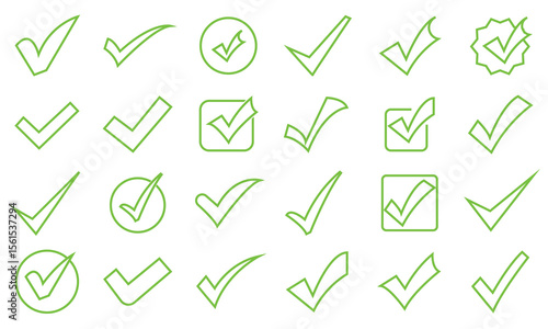 Green check Mark  icon.  Tick symbol. Accept okay symbol for improvement or checklist vector. Correct vote choice sign. Approval tick symbol.  Pictograms and infographics for mobile apps.