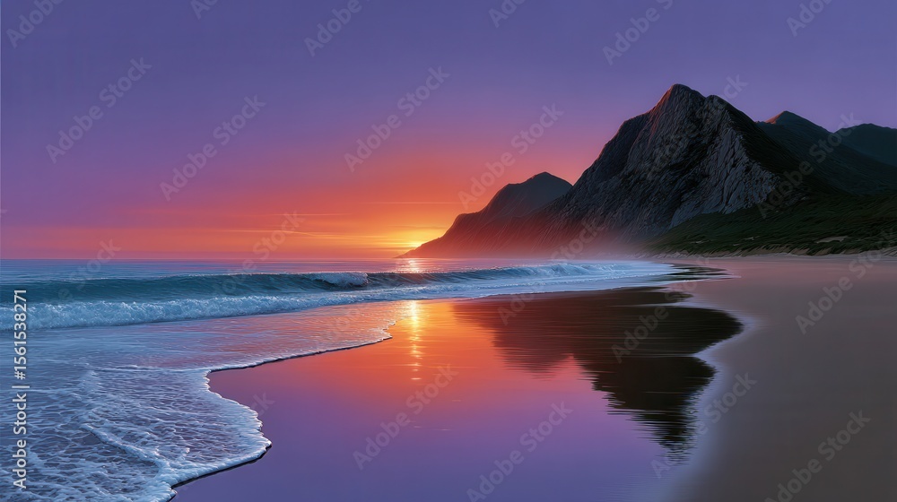 Fototapeta premium Vibrant Sunset Over Beach With Reflections on Ocean Shoreline