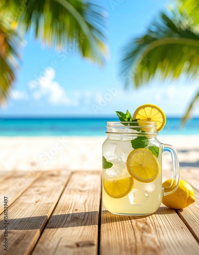 Refreshing lemonade with lemon slices, mint leaves, and ice cubes. summer drinks