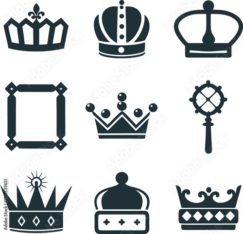 Silhouetted Royal Emblems A Collection of Crowns Frame and Mace Symbols of Authority and Prestige for Design and Decoration