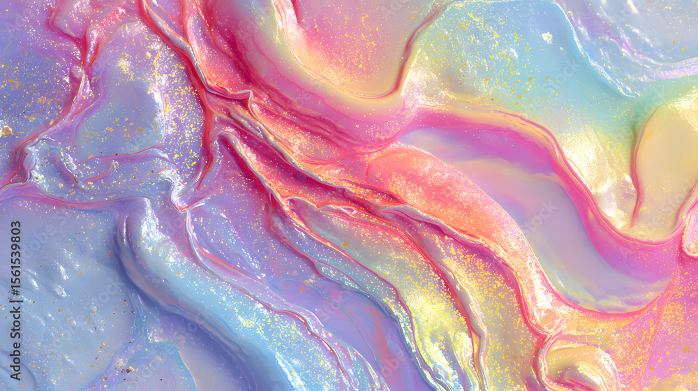 Obraz premium Fluid marble texture in holographic rainbow colors with smooth pearlescent gradients and shimmering metallic flecks creating a dreamy abstract design