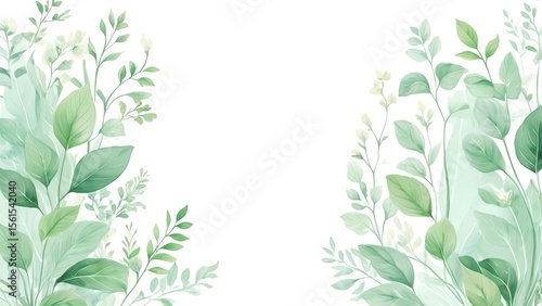 ミントグリーンと白の植物フレーム|水彩風装飾素材