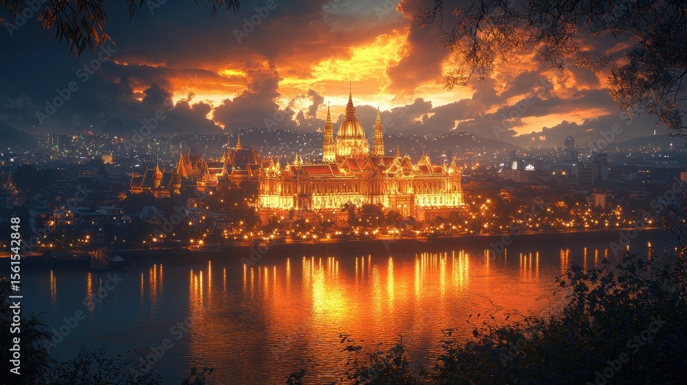 Fototapeta premium Epic sunset over illuminated Parliament building, city reflected in river