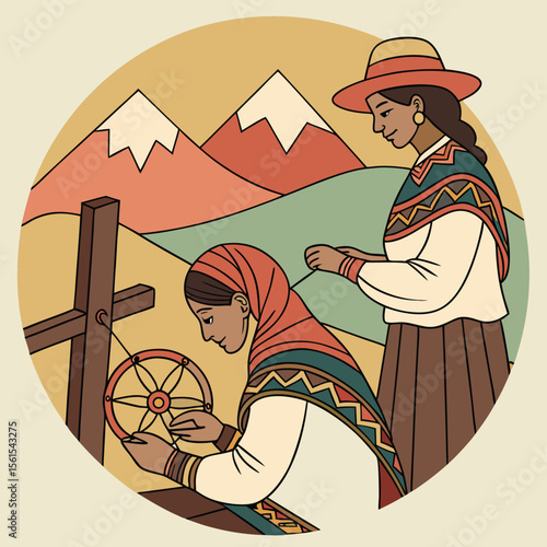 Illustration of two women weaving with a drop spindle against a mountain backdrop in a circular frame