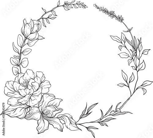 Elegant black and white floral wreath of finely detailed blossoms and leaves arranged in a soft circular flow botanical grace meets natural harmony in this intricate lineart illustration