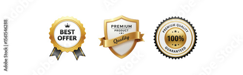 Set of Golden Premium Quality Badges, Featuring Best Offer, Shield with Quality Ribbon