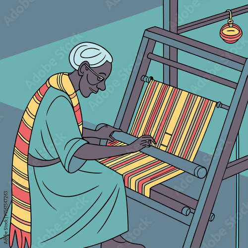 Woman weaving a colorful striped textile on a wooden loom with a scarf and head covering shown here