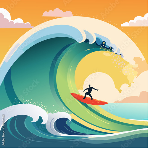vector illustration of a surfer riding a giant wave, foam splash and curved shapes