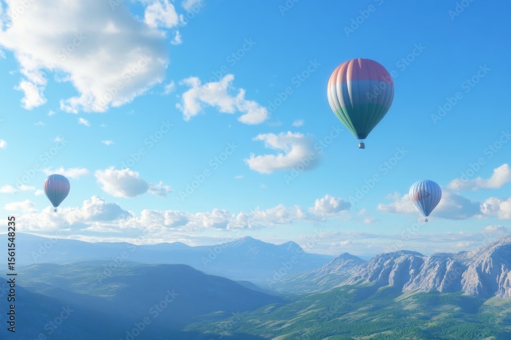 Fototapeta premium Transparent 3D balloons soaring over a scenic mountain horizon, animation still