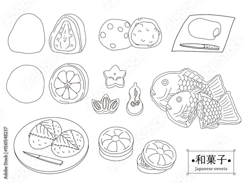 いろいろな和菓子の線画のイラストセット　