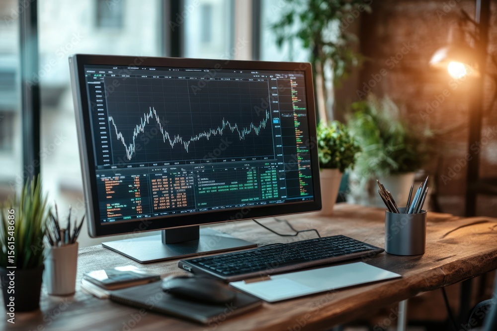 trader’s desk scene: specs and notes, charts displaying on high-resolution screen trader’s desk scene: specs and notes, charts displaying on high-resolution screen