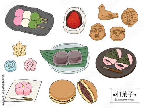いろいろな和菓子の線画のイラストセット　