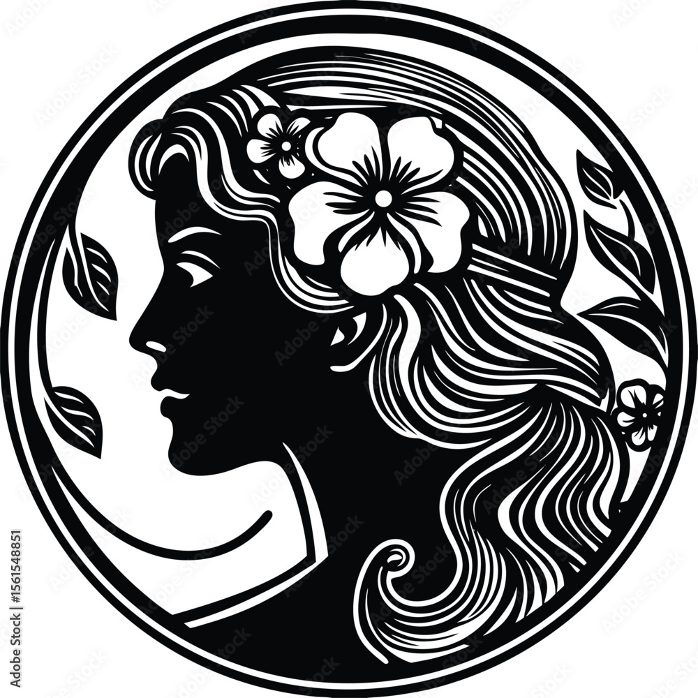Black and white vector illustration of a woman's profile silhouette with artistic hair design, symbolizing beauty and style ,form, visual, expression Black and white vector illustration of a woman's profile silhouette with artistic hair design, symbolizing beauty and style ,form, visual, expression