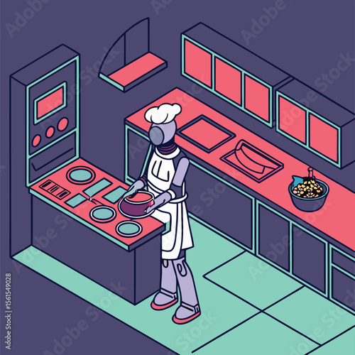 Isometric illustration of a robot chef cooking in a modern kitchen with various appliances and utensils