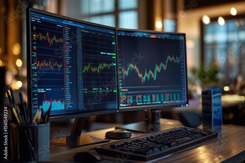 Wallpaper Mural traderâ€™s desk scene: specs and notes, charts displaying on high-resolution screen Torontodigital.ca