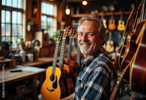Happy mature man with gray hair and beard smiling in a guitar shop filled with acoustic guitars