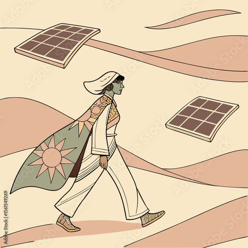 Woman walking in desert with solar panels and sun cape in a stylized illustration art style
