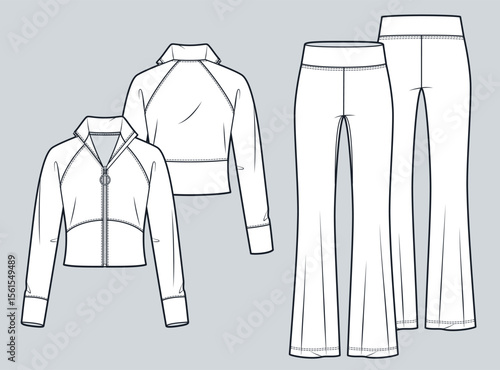 Set of Women Cropped Zip-Up Jacket and Flared Yoga Pants technical fashion illustration. Tracksuit fashion flat technical drawing template, front and back view, white, women Activewear CAD mockup.