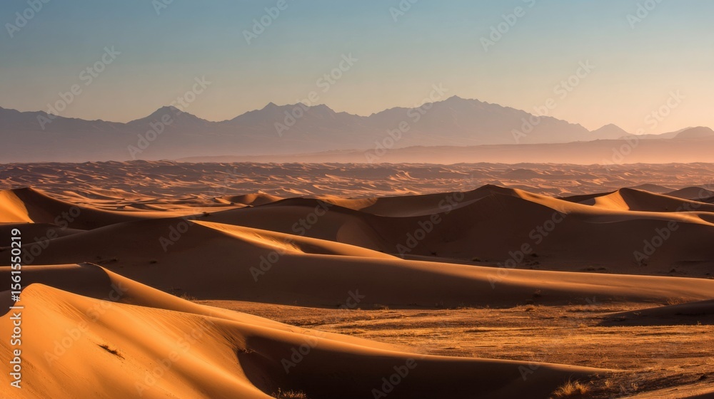 Fototapeta premium Vast desert landscape with rolling sand dunes under clear sky and distant mountains.