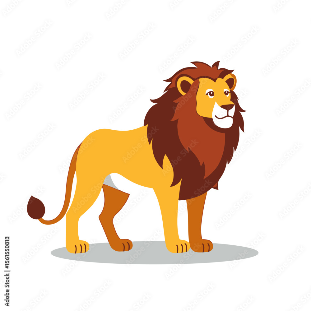 A majestic lion with a full, dark mane stands proudly on a white background, showcasing a cartoonish yet regal style, perfect for children's illustrations or logo designs. A majestic lion with a full, dark mane stands proudly on a white background, showcasing a cartoonish yet regal style, perfect for children's illustrations or logo designs.