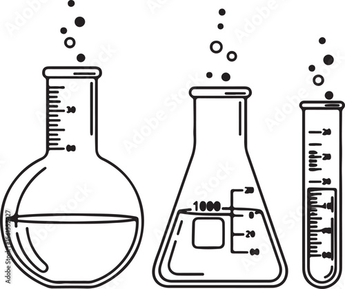 Chemistry laboratory glassware like test tubes, flasks, and beakers holding chemical liquids for scientific research and medical experiments