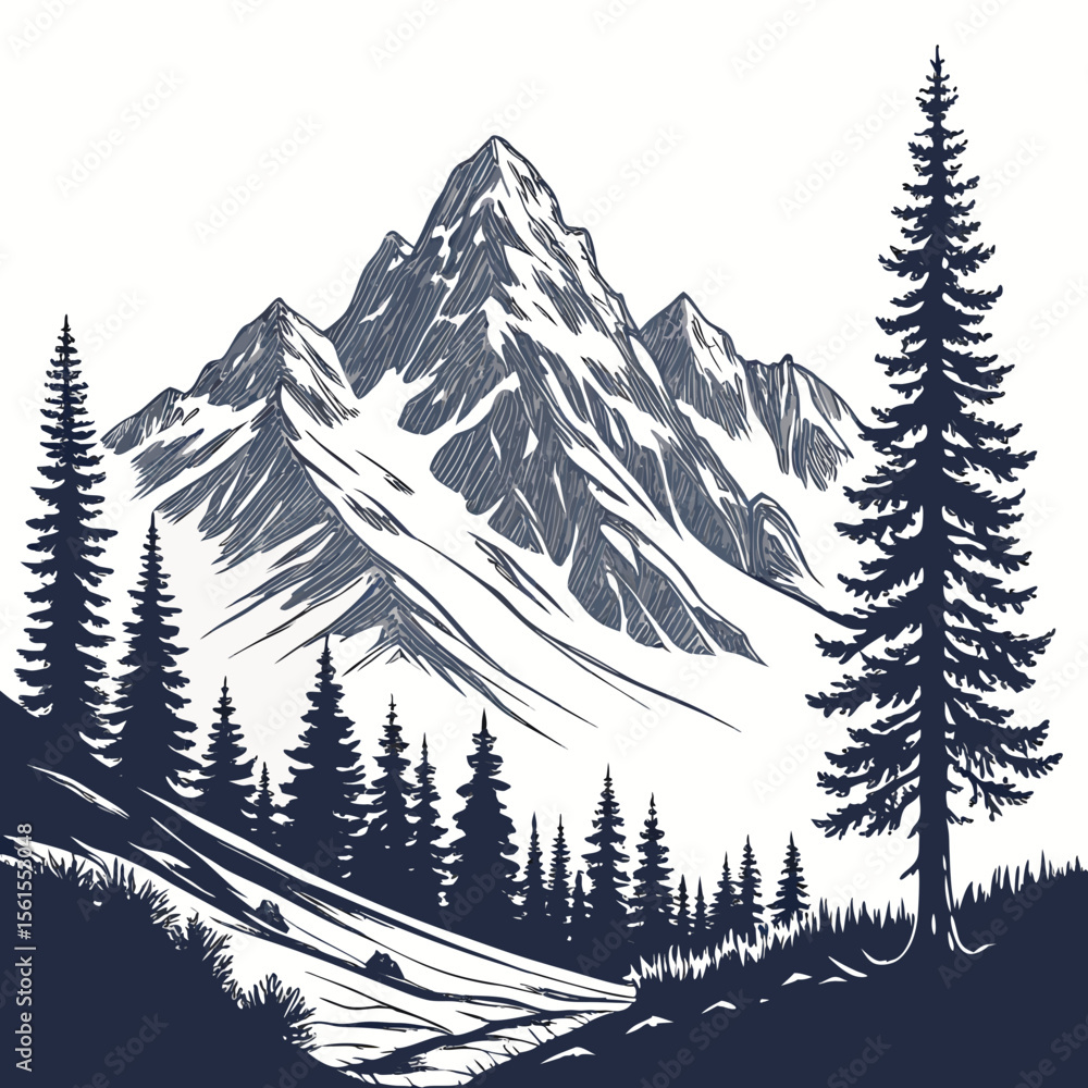 Fototapeta premium Serene mountain landscape illustration featuring snow capped peaks and evergreen forest silhouette