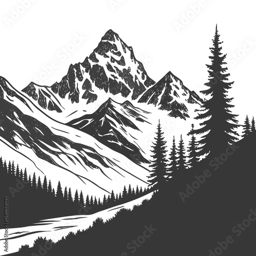 Serene black and white mountain landscape depicting majestic peaks and forest silhouette