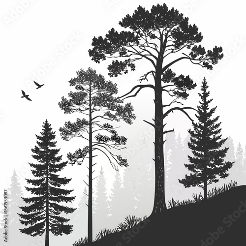Silhouette forest scene depicting pine trees and a hillside with birds in the sky