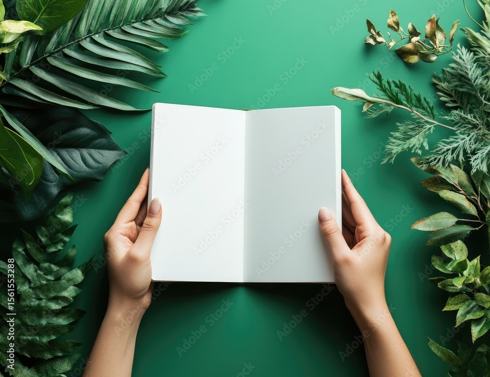 Hands holding an open blank book surrounded by tropical greenery on a deep green background Hands holding an open blank book surrounded by tropical greenery on a deep green background