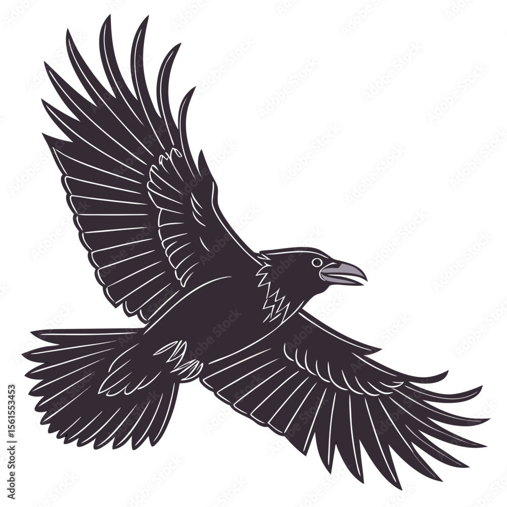 Fototapeta premium Vector illustration of a majestic black raven in flight against a clean white background