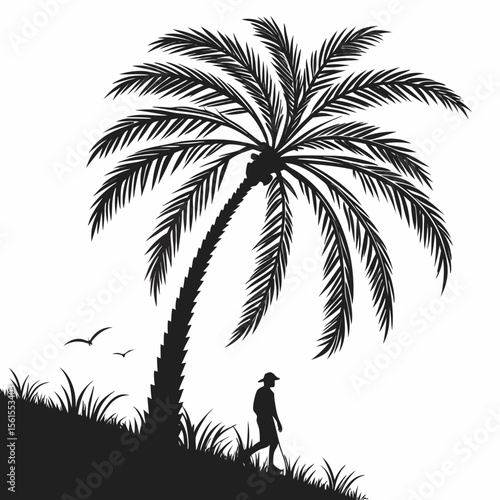 Silhouette of palm tree with man walking on hillside under tropical sun with birds flying