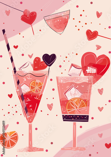 Colorful cocktails with hearts on pastel background for celebration  