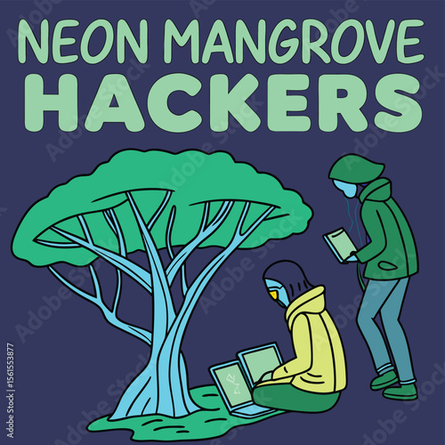 Illustration of two hackers with laptops and a tablet under a neon mangrove tree at night