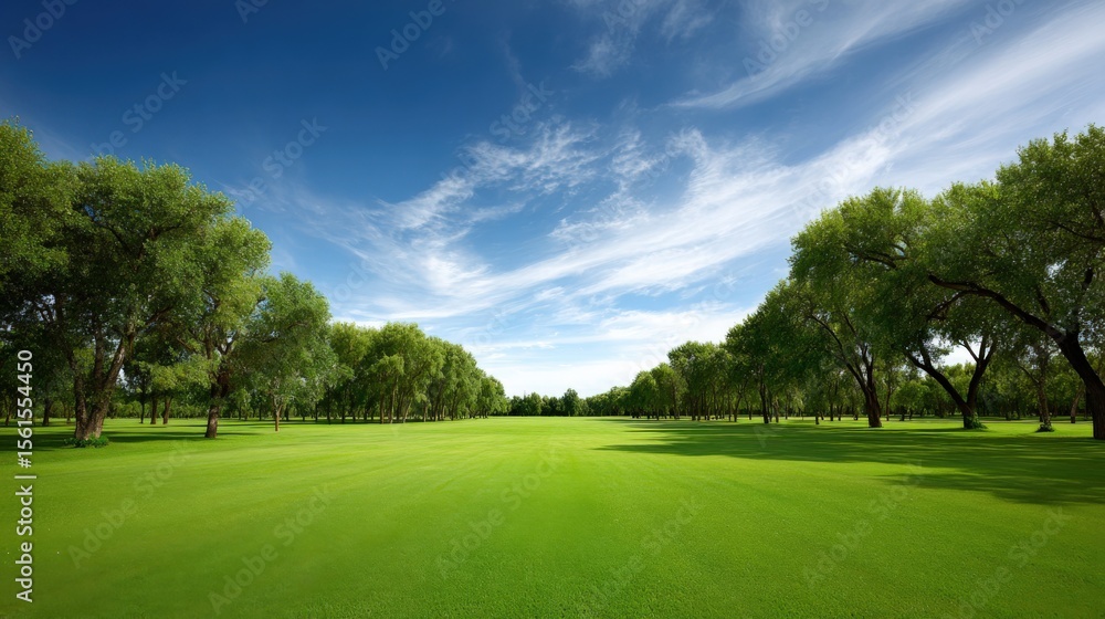 Fototapeta premium Vast green golf course landscape with lush trees and clear blue sky scenery.
