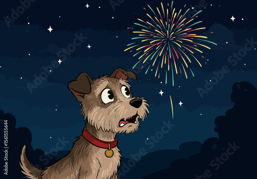 Anxious Terrier Dog with Red Collar Looking at Fireworks Display.