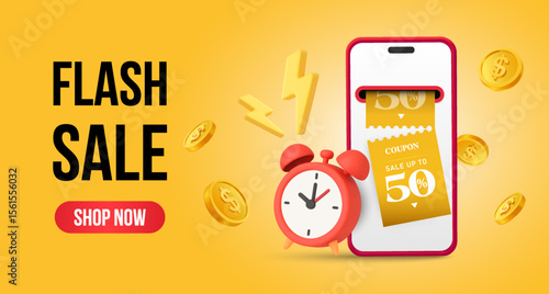 3d flash sale banner with coupons are being printed from a smartphone, alarm is ringing, golden coins flying around, isolated on yellow background. Discount popup banner with gift voucher in 3d vector