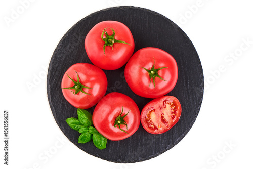 Tomatoes, Basil Leaves on Slate, isolated on white background